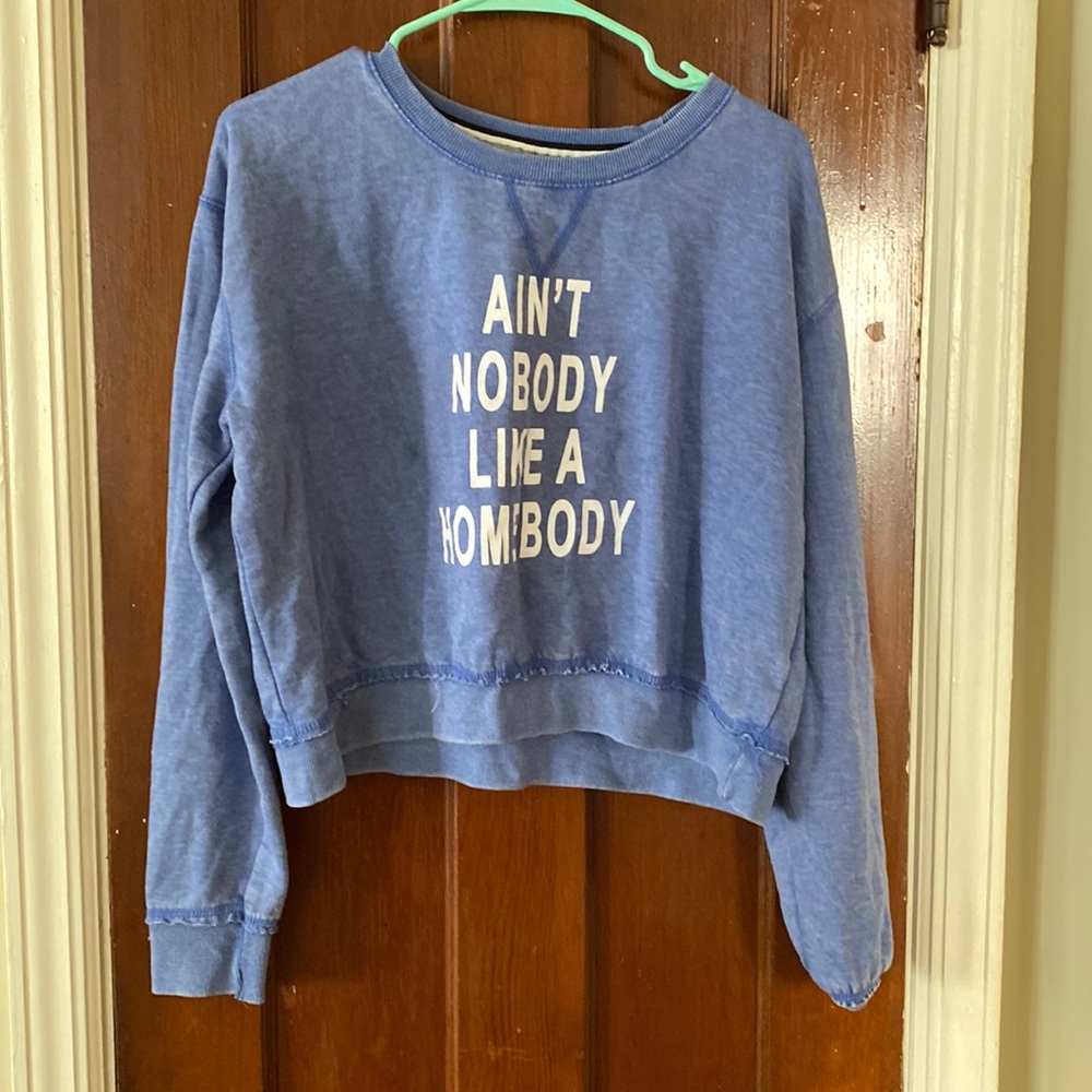 Cropped long sleeve blue “ain’t nobody but a homebody” top from US VINTAGE